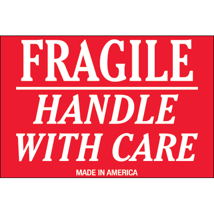 2" x 3" - Fragile Handle with Care Made in America Labels